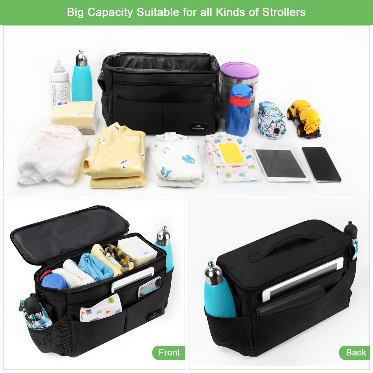 PHILORN Stroller Organizer with Cup Holder & Large Bag – Universal