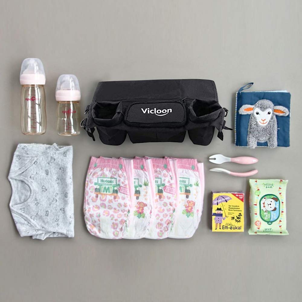 Vicloon Stroller Organizer – Cup Holder & Bag, Universal, Black