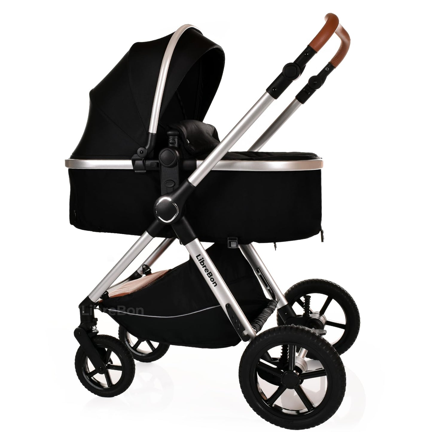 Baby Pram Pushchair Buggy Stroller 3 in 1 Child Lightweight Folding Stroller 3 in 1 Travel System Pram for Newborns Toddlers from Birth Aluminum (Black Silver)