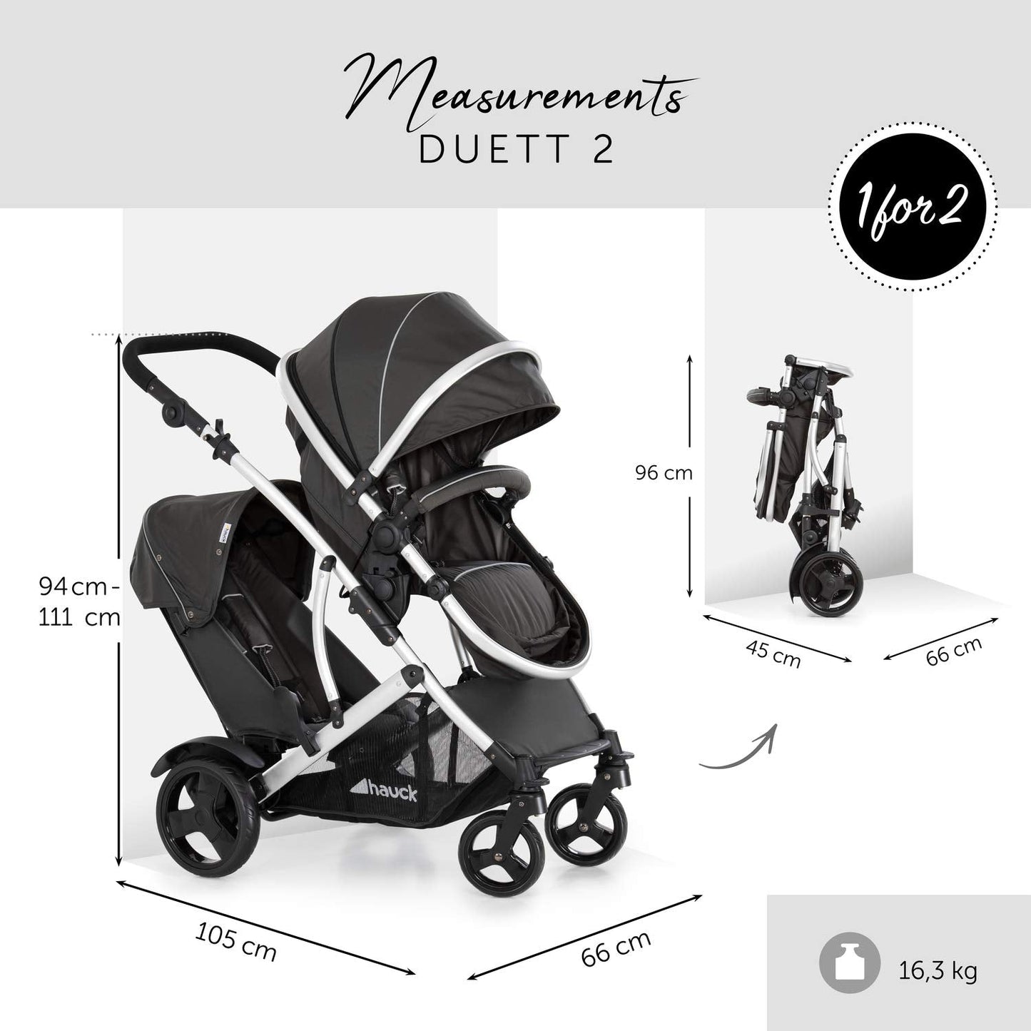 hauck Duett 2, Black - Baby & Toddler Tandem Pushchair with Raincover, Carrycot Convertible to Reversible Seat from Birth up to 15 kg & Second Seat from 6 Months, Compact & Foldable, Height-Adjustable