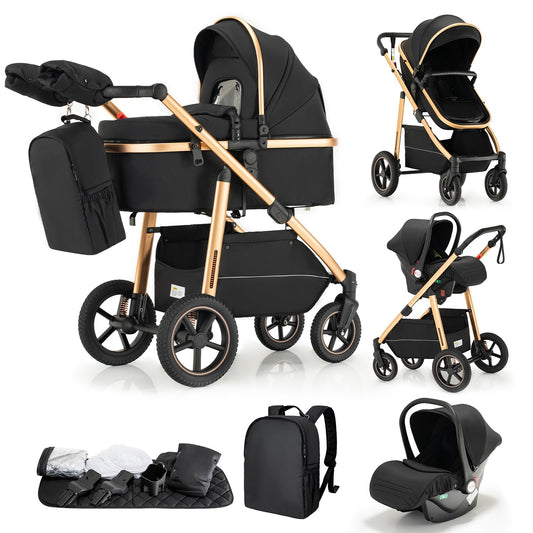 Gcarebb 3 in 1 Prams Travel System, Pushchair with Height Adjustable Handle, Travel Pram with Rain Cover, Baby Stroller with Aluminum Frame for Newborn 0-4 Years