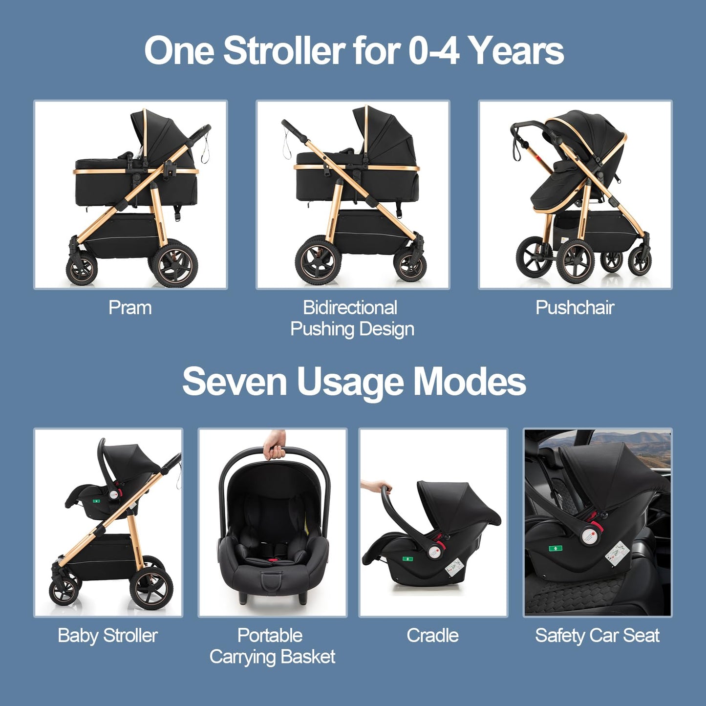 Gcarebb 3 in 1 Prams Travel System, Pushchair with Height Adjustable Handle, Travel Pram with Rain Cover, Baby Stroller with Aluminum Frame for Newborn 0-4 Years