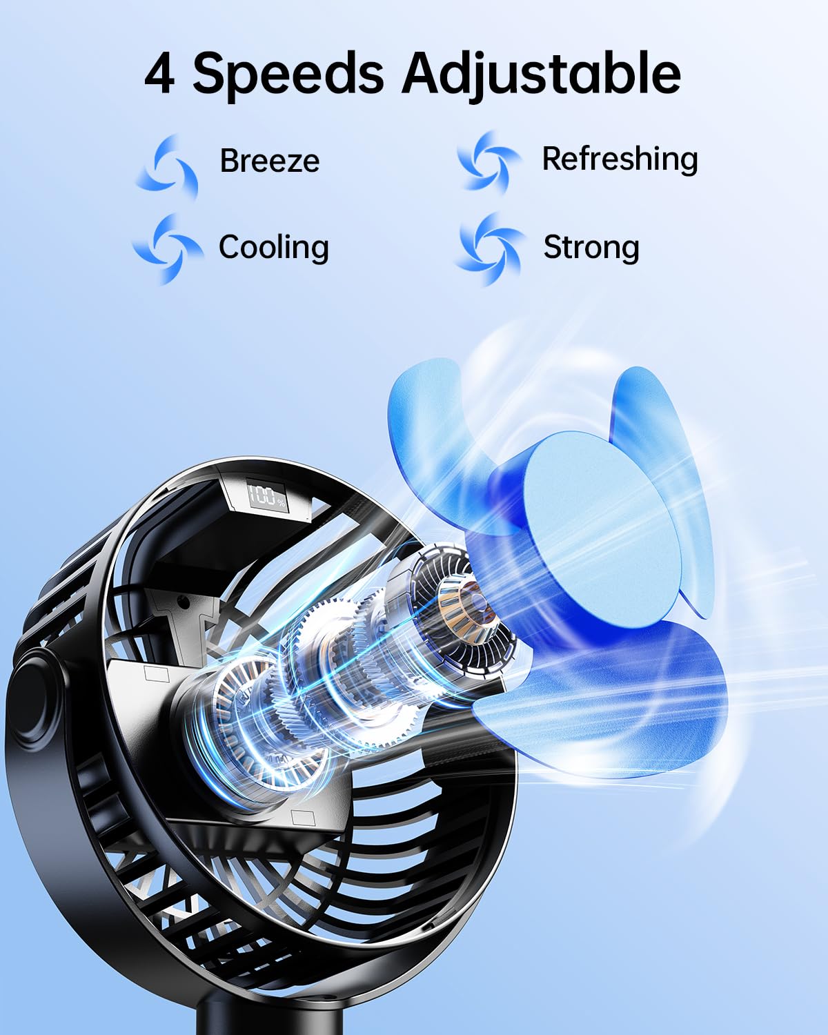 SWEETFULL Mini Stroller Fan – LED, 4000 mAh Battery, 4 Speeds, Portable