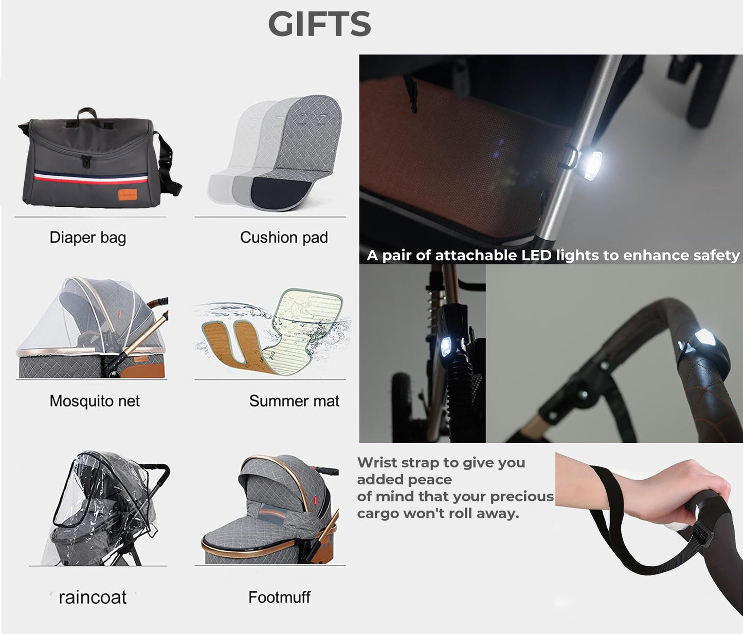 Baby Pram Pushchair Buggy Stroller 3 in 1 Child Lightweight Folding Stroller 3 in 1 Travel System Pram for Newborns Toddlers from Birth Aluminum (Black Silver)