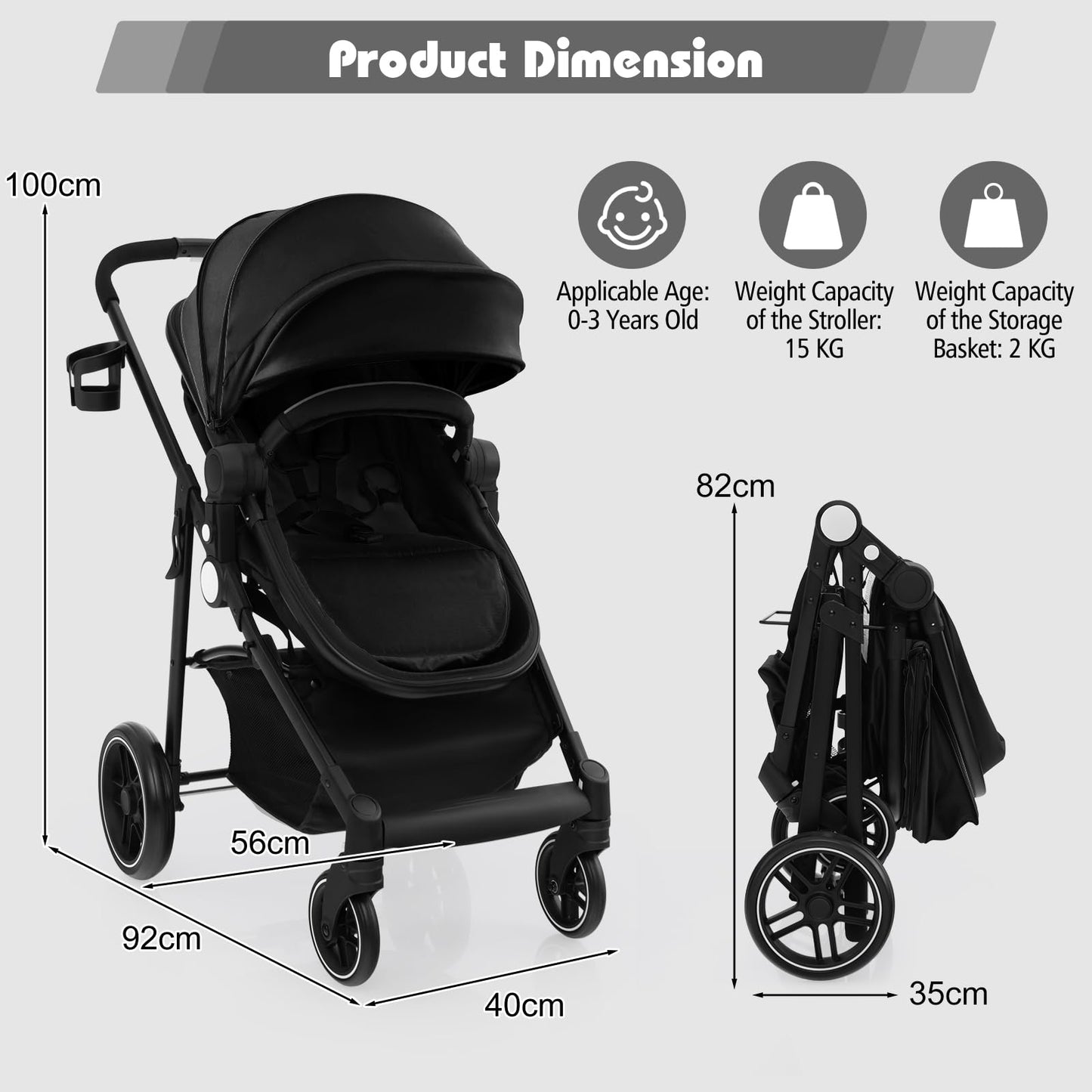 COSTWAY 2 in 1 Baby Pushchair, Foldable Travel System Pram with Reversible Seat, Adjustable Canopy, Storage Basket, Cup Holder, Lightweight Infant Stroller for 0-36 Months (Black)