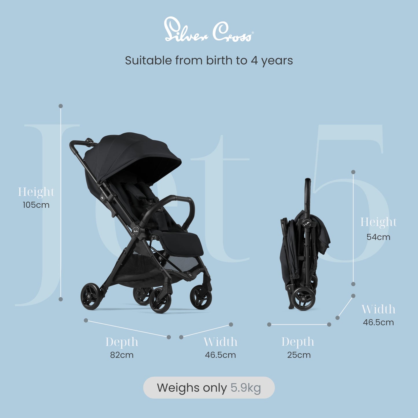 Silver Cross - Jet 5 Compact Pushchair - Travel Stroller - Foldable & Lightweight Stroller/Travel System - Cabin Size - Car Seat Compatible - Newborn to 4 years - Space