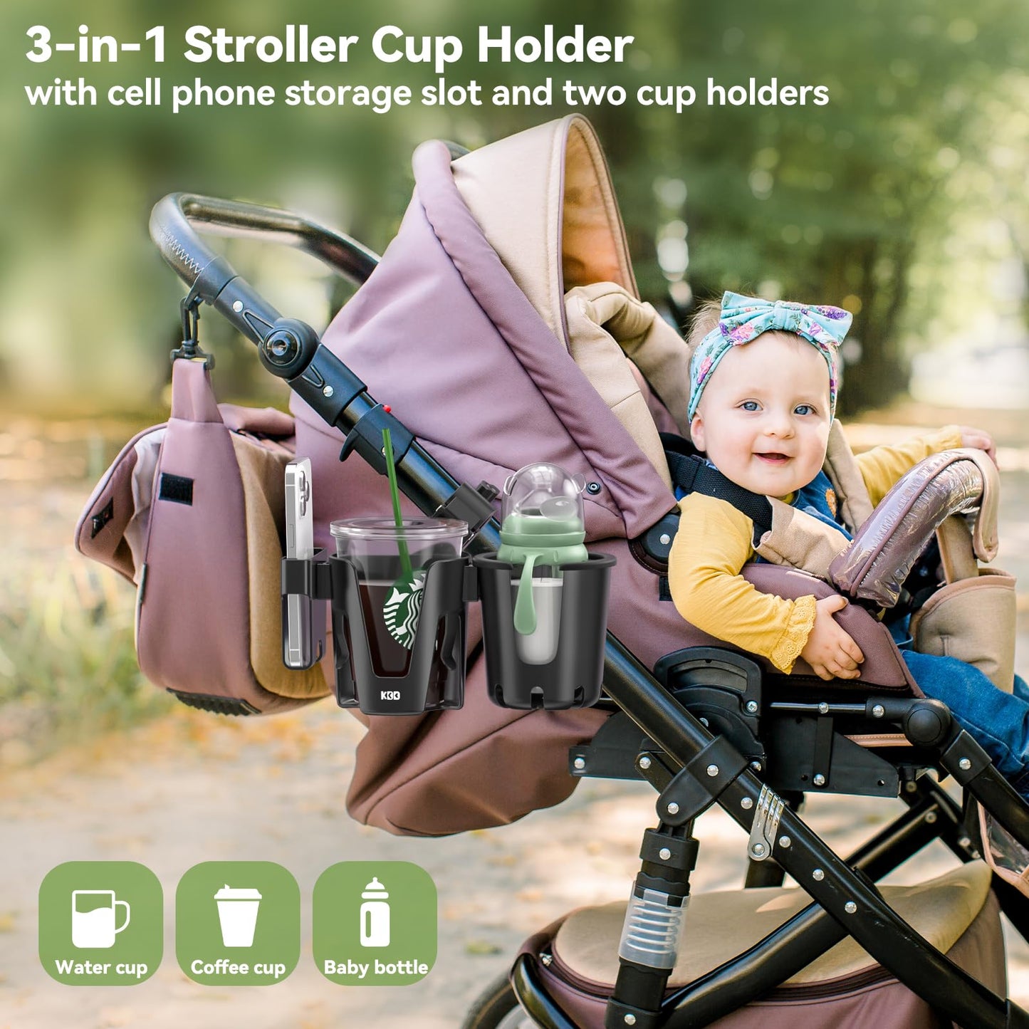 KDD 3-in-1 Stroller Cup Holder with Phone Compartment – Universal, Black
