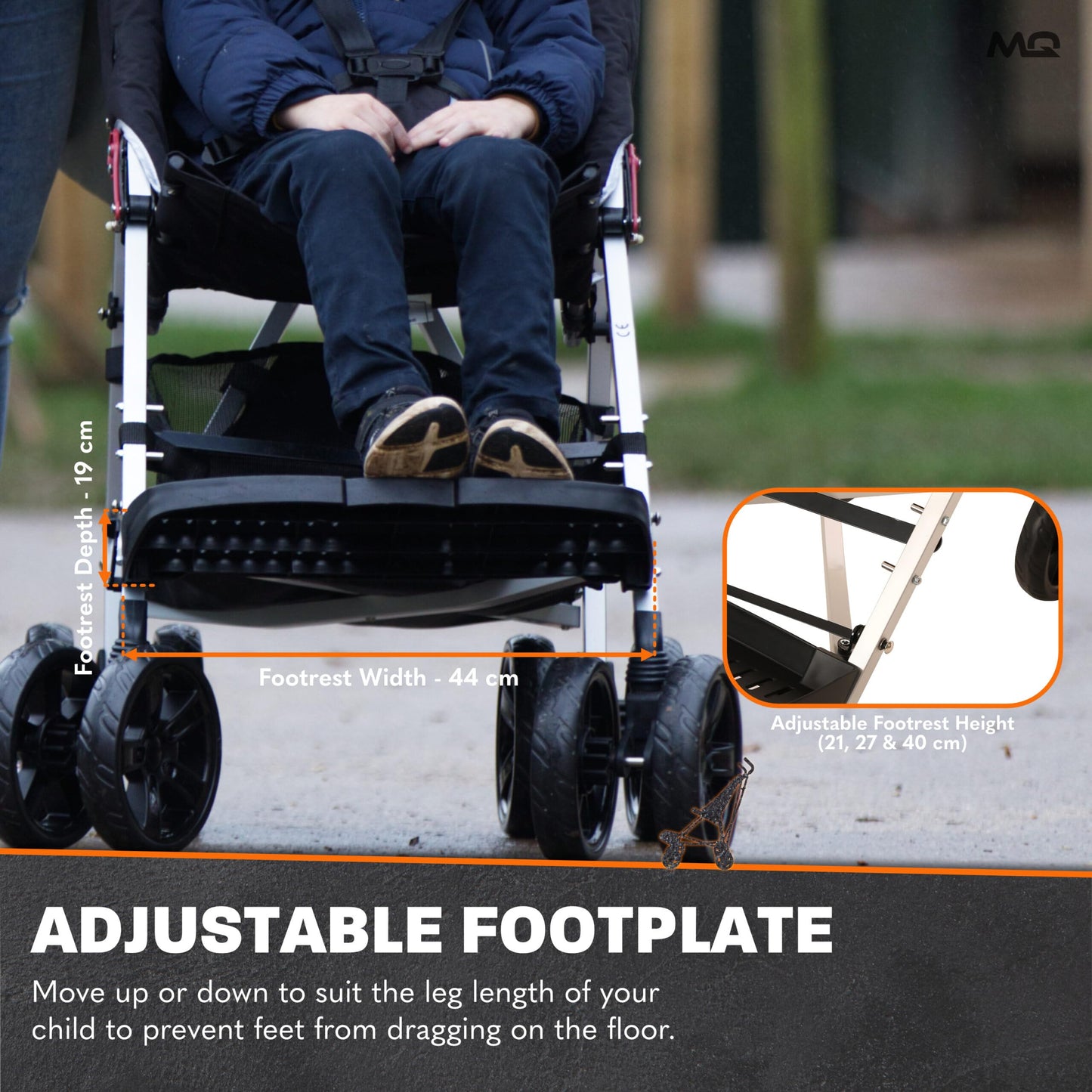 MobiQuip XL Disability Pushchair, Blue - Special Needs Stroller for Older Children up to 50kg - Lightweight Folding Aluminium Frame - Adjustable Footplate & 5-Point Harness - Smooth & Portable