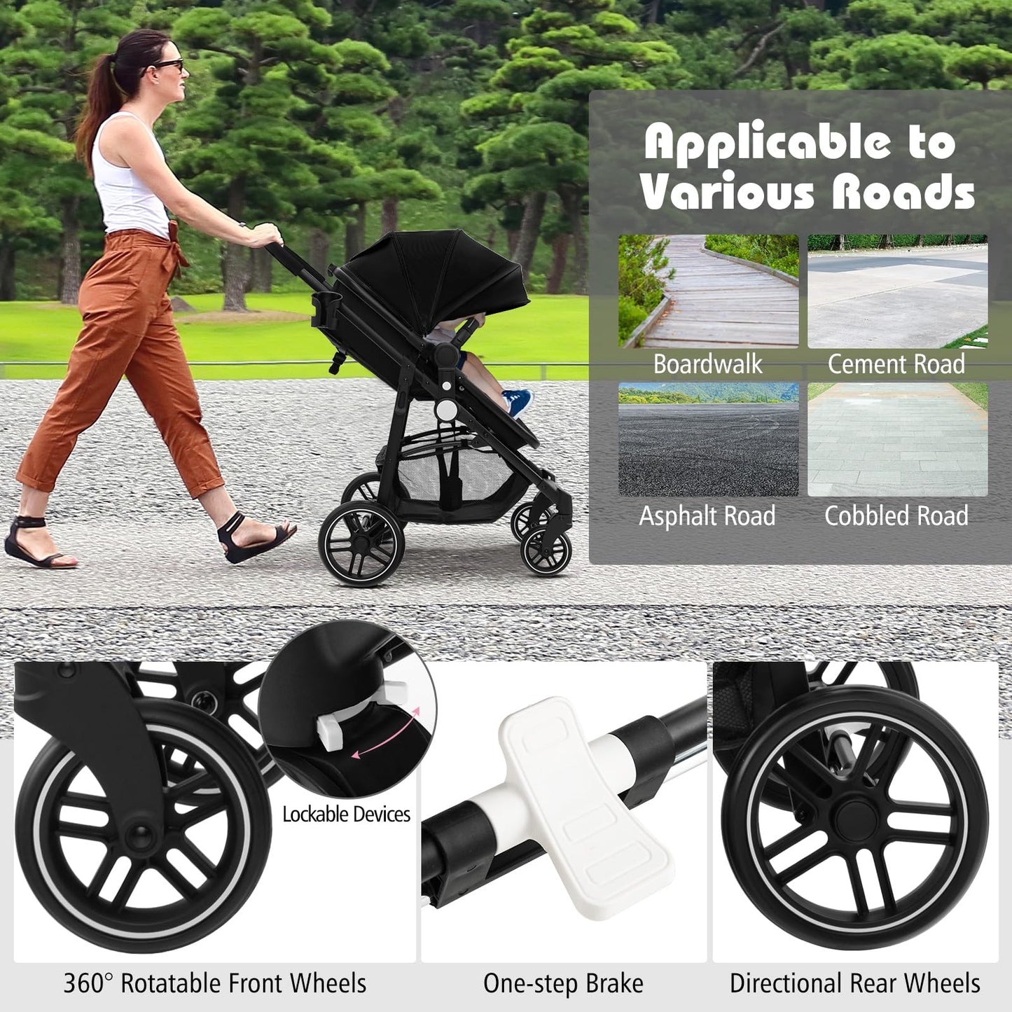 COSTWAY 2 in 1 Baby Pushchair, Foldable Travel System Pram with Reversible Seat, Adjustable Canopy, Storage Basket, Cup Holder, Lightweight Infant Stroller for 0-36 Months (Black)