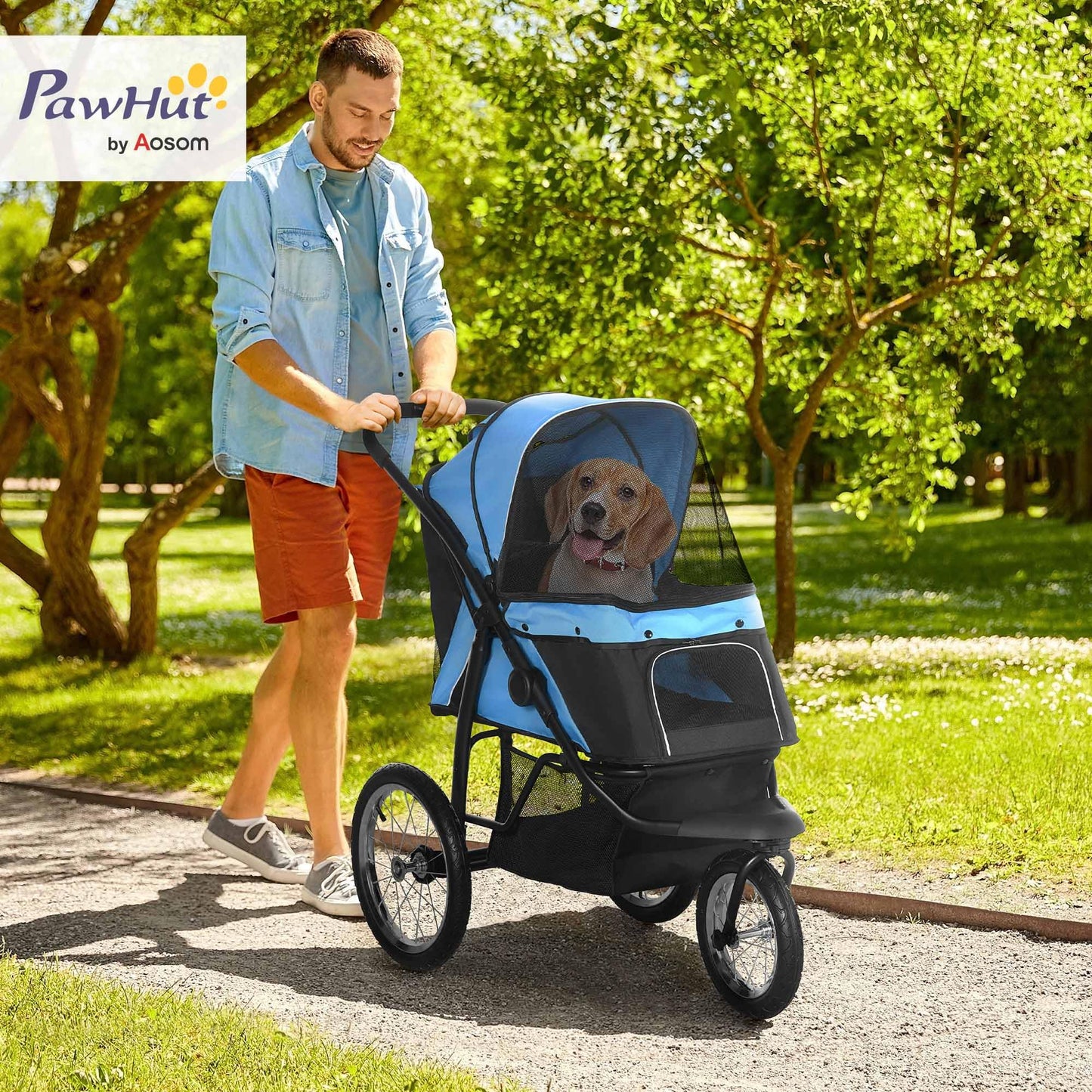 PawHut Dog Pram, Dog Stroller Jogger Foldable Pet Pushchair for Medium, Small Breeds, w/Rubber Wheels, Washable Cushion, Blue