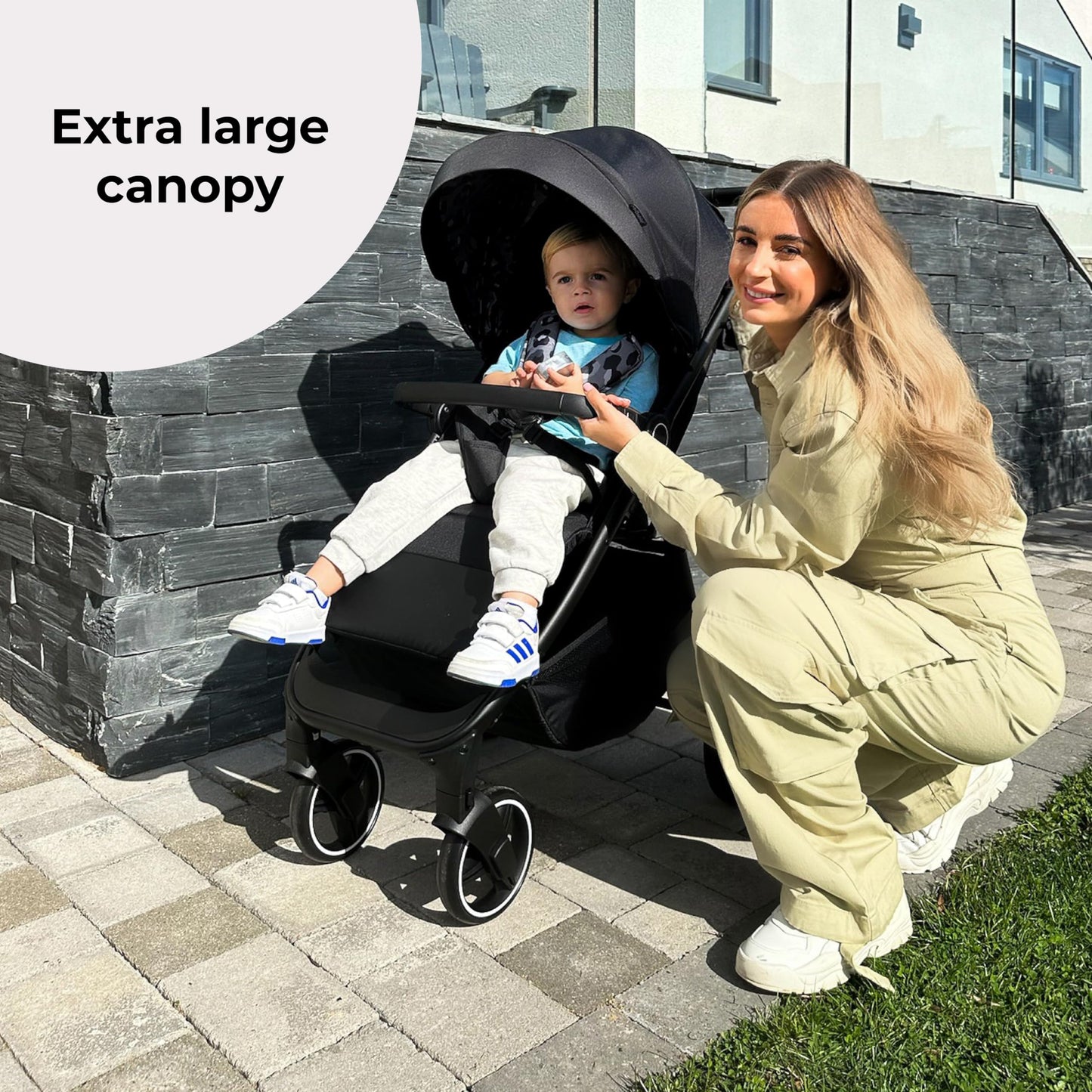 My Babiie MB160 Pushchair – from Birth to 4 Years (22kg), 4-Wheel Suspension, Large Basket, XL Canopy, Foldable, Compact, Stroller with Footmuff, Cup Holder, Rain Cover – Black Leopard