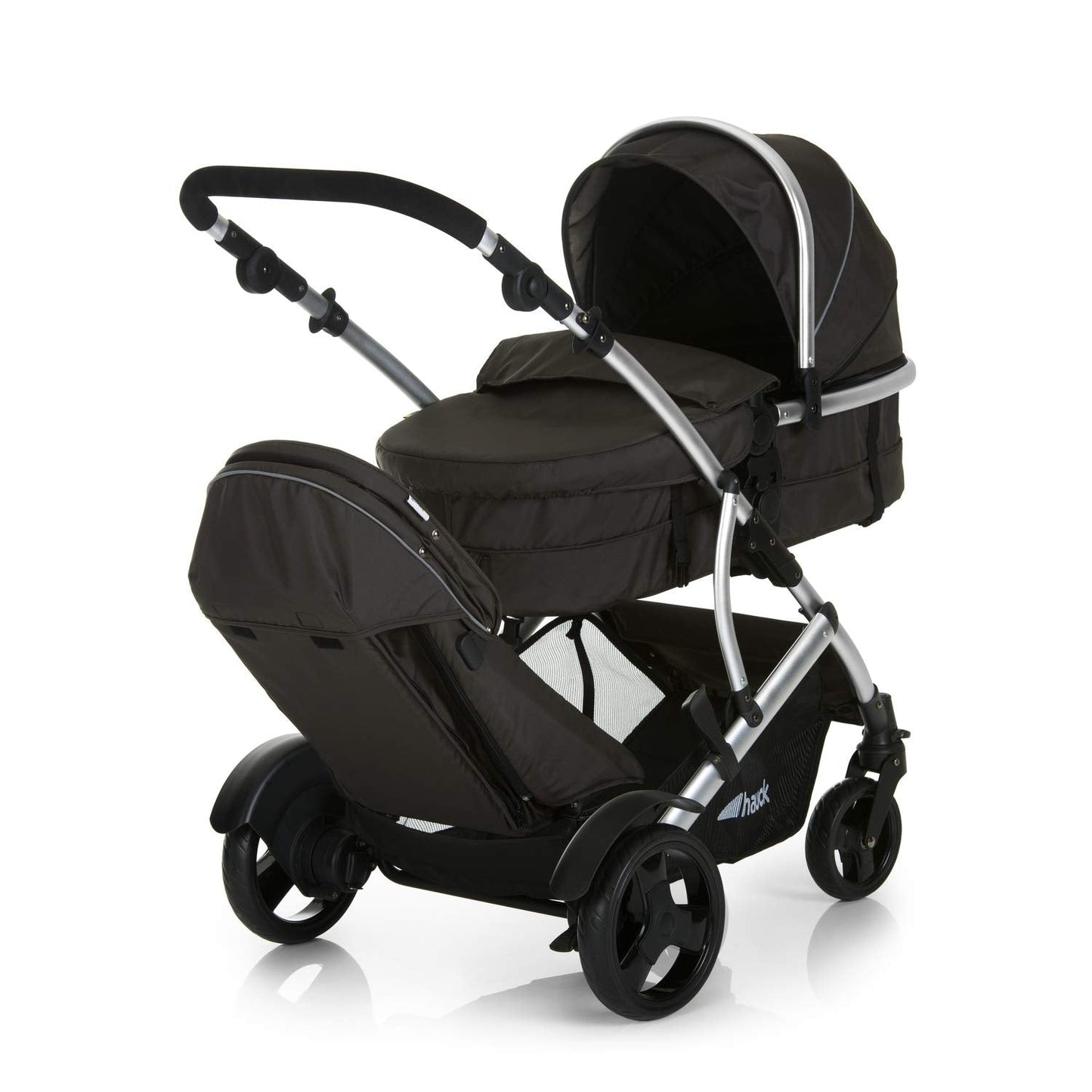 hauck Duett 2, Black - Baby & Toddler Tandem Pushchair with Raincover, Carrycot Convertible to Reversible Seat from Birth up to 15 kg & Second Seat from 6 Months, Compact & Foldable, Height-Adjustable