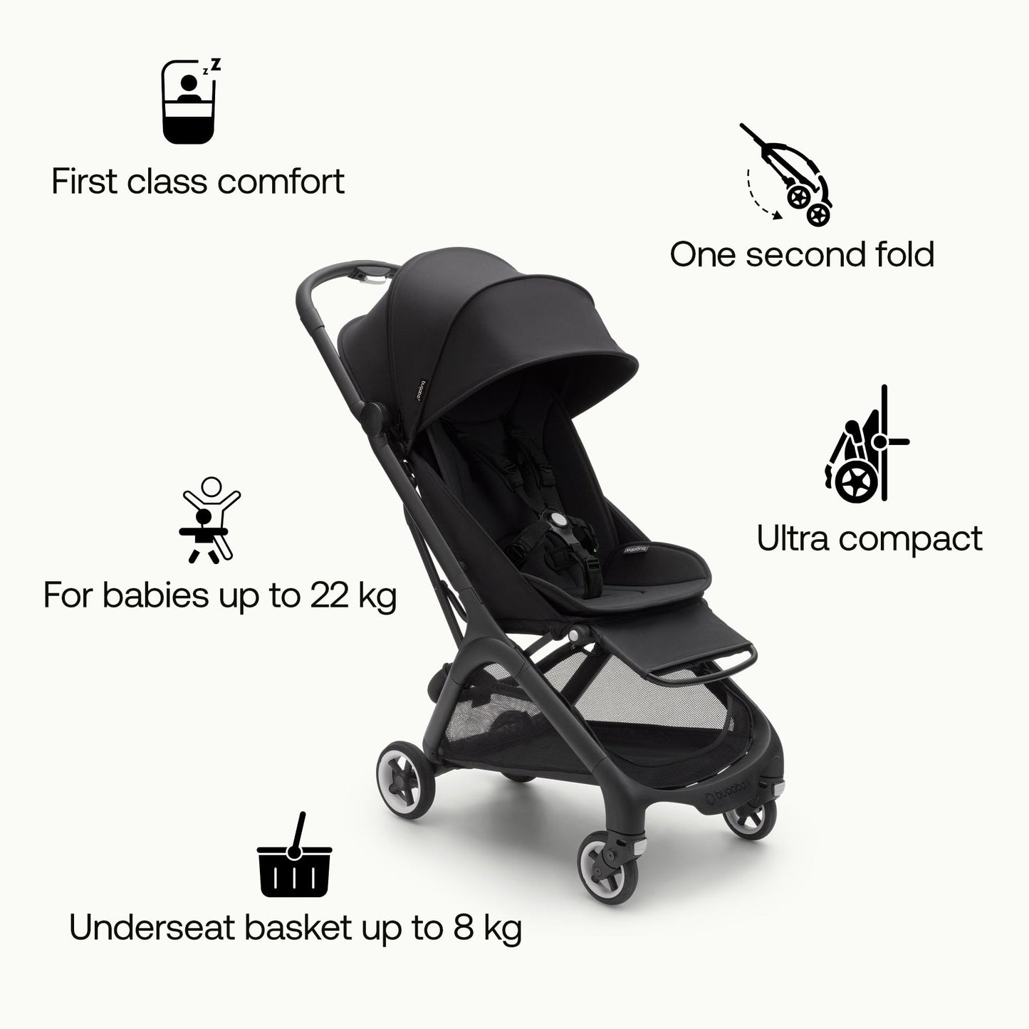 Bugaboo Butterfly Ultra Compact Travel Stroller, Small & Lightweight, Easy 1-Second Fold, Ergonomic and Extra Spacious City Pushchair from Baby to Toddler, Comfortable Steering, Black/Midnight Black