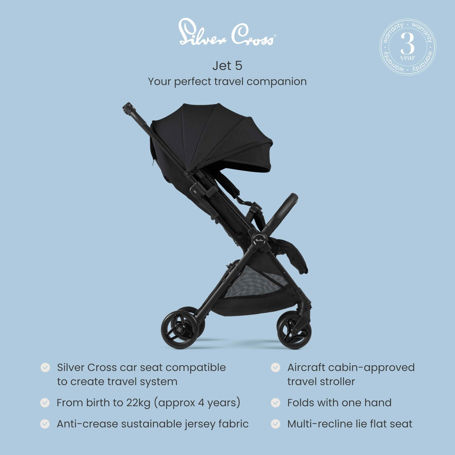 Silver Cross - Jet 5 Compact Pushchair - Travel Stroller - Foldable & Lightweight Stroller/Travel System - Cabin Size - Car Seat Compatible - Newborn to 4 years - Space