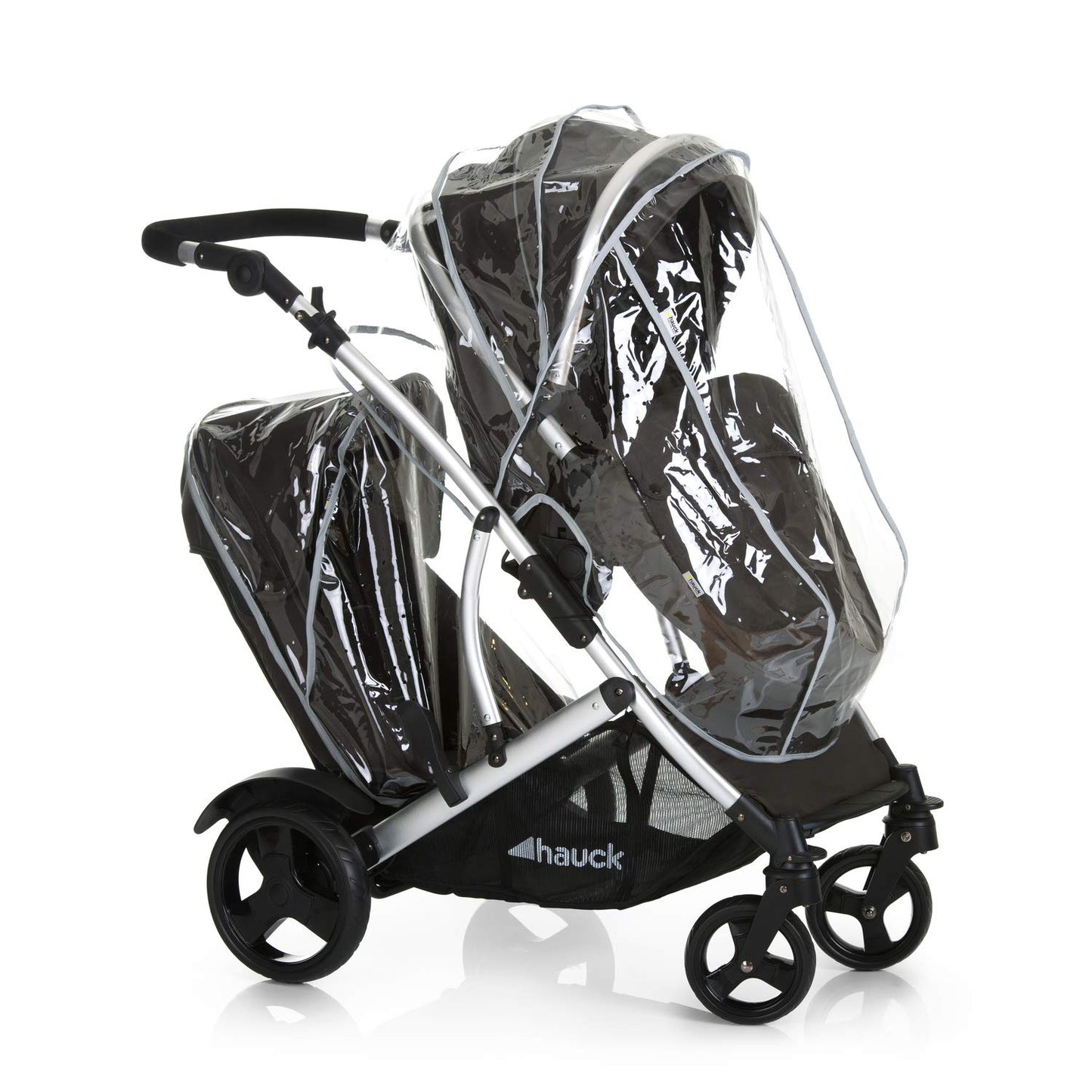 hauck Duett 2, Black - Baby & Toddler Tandem Pushchair with Raincover, Carrycot Convertible to Reversible Seat from Birth up to 15 kg & Second Seat from 6 Months, Compact & Foldable, Height-Adjustable