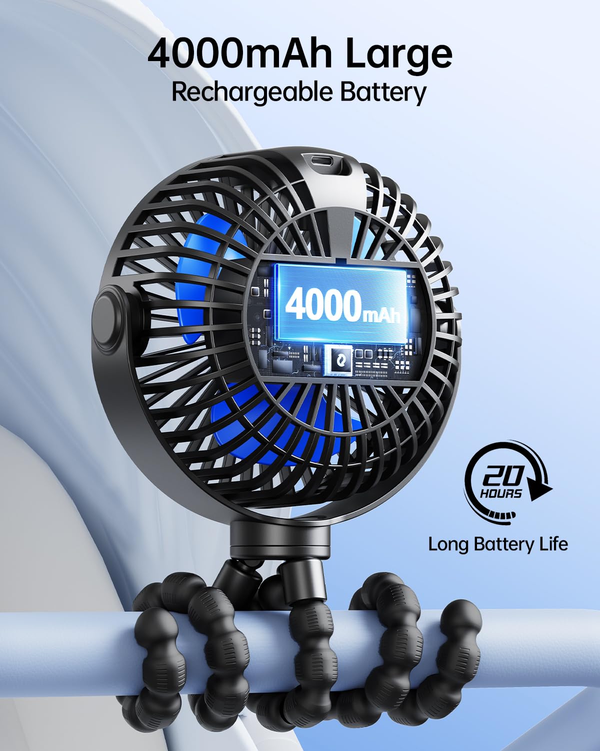 SWEETFULL Mini Stroller Fan – LED, 4000 mAh Battery, 4 Speeds, Portable