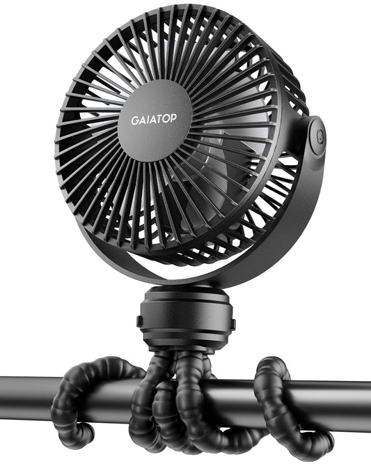 gaiatop Mini Stroller Fan – Clip & Battery, 3 Speeds, Flexible, Black