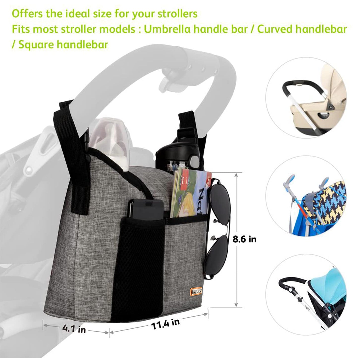 Stroller Organizer Bag 11 L – Cup Holder & Shoulder Strap, Gray