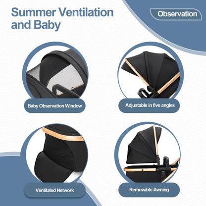 Gcarebb 3 in 1 Prams Travel System, Pushchair with Height Adjustable Handle, Travel Pram with Rain Cover, Baby Stroller with Aluminum Frame for Newborn 0-4 Years