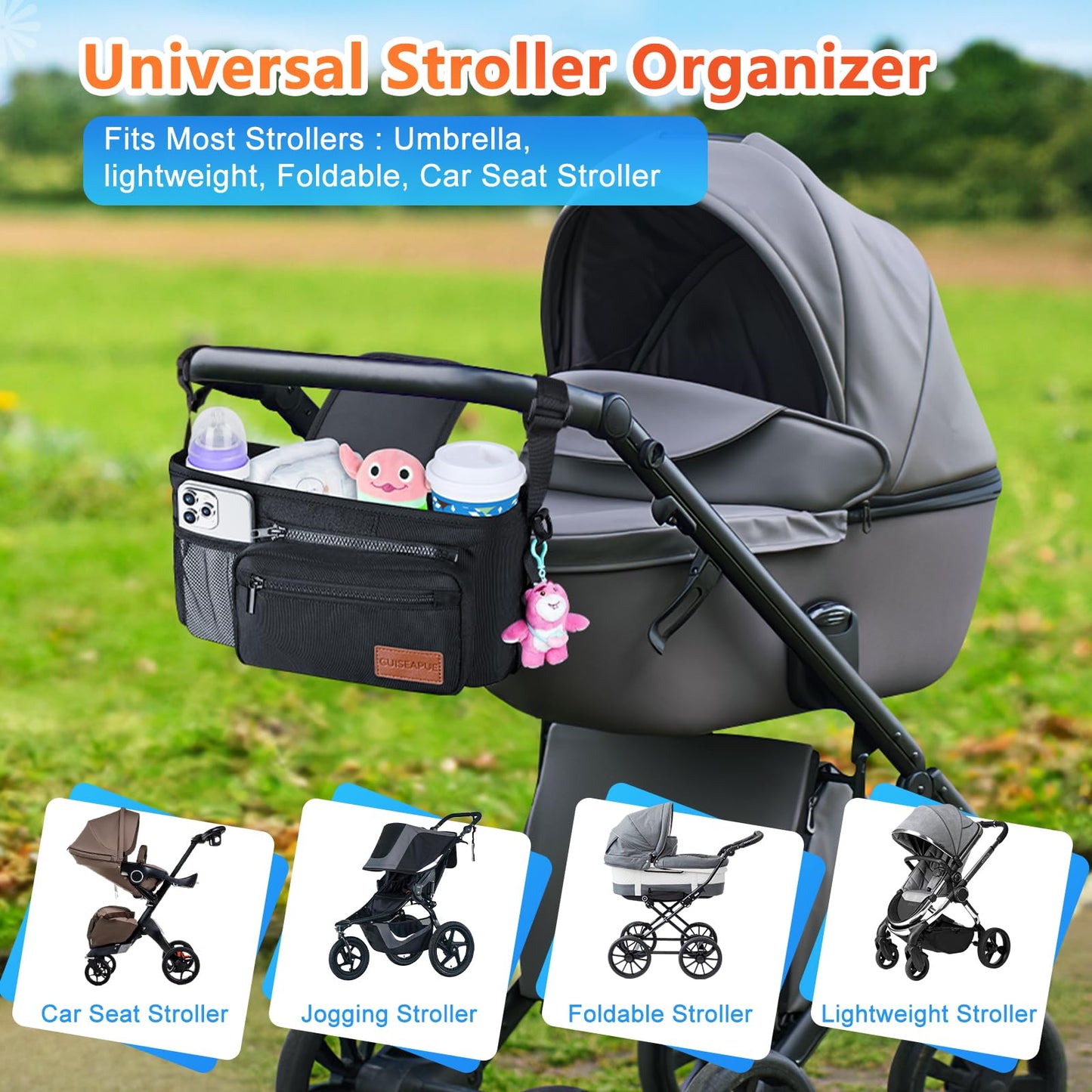 Guiseapue Universal Pram Organiser Bag with Cup Holder – Baby Stroller