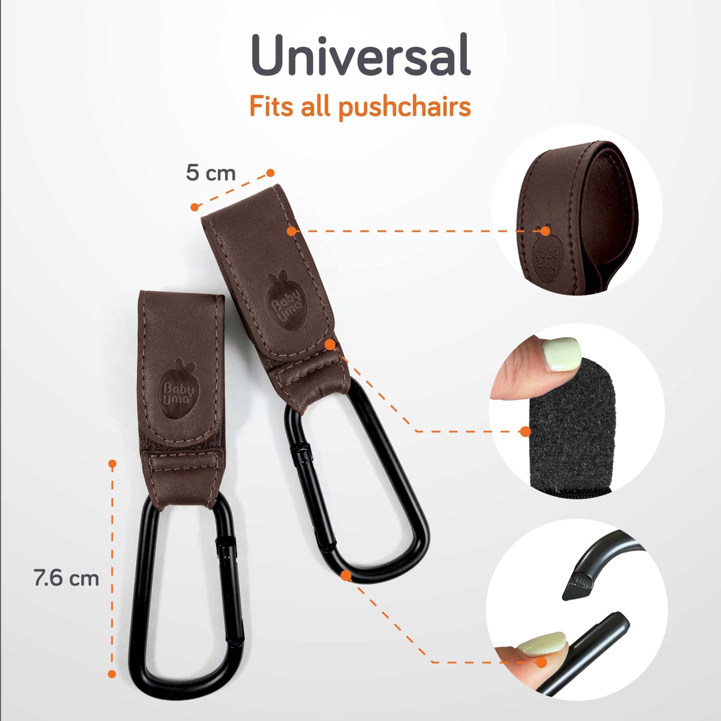 Baby Uma Stroller Clips 2-Pack – Universal, Leather-Look, Up to 5 kg, Brown