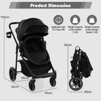 COSTWAY 2 in 1 Baby Pushchair, Foldable Travel System Pram with Reversible Seat, Adjustable Canopy, Storage Basket, Cup Holder, Lightweight Infant Stroller for 0-36 Months (Black)