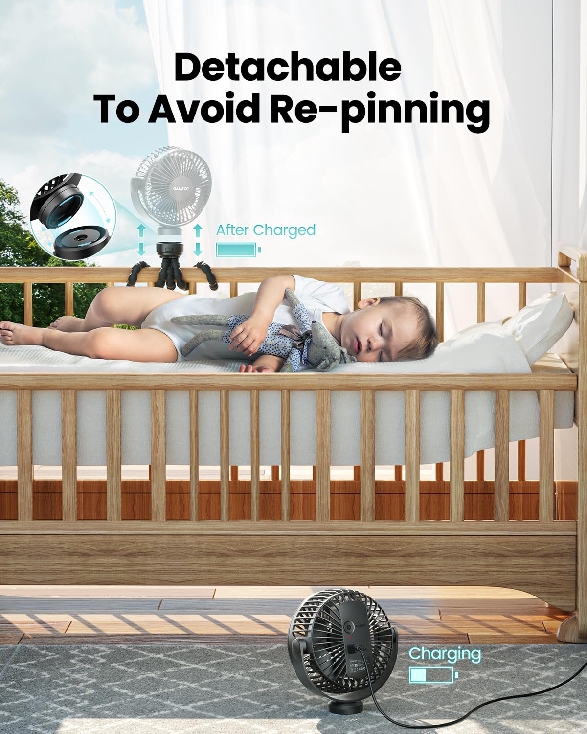 gaiatop Mini Stroller Fan – Clip & Battery, 3 Speeds, Flexible, Black