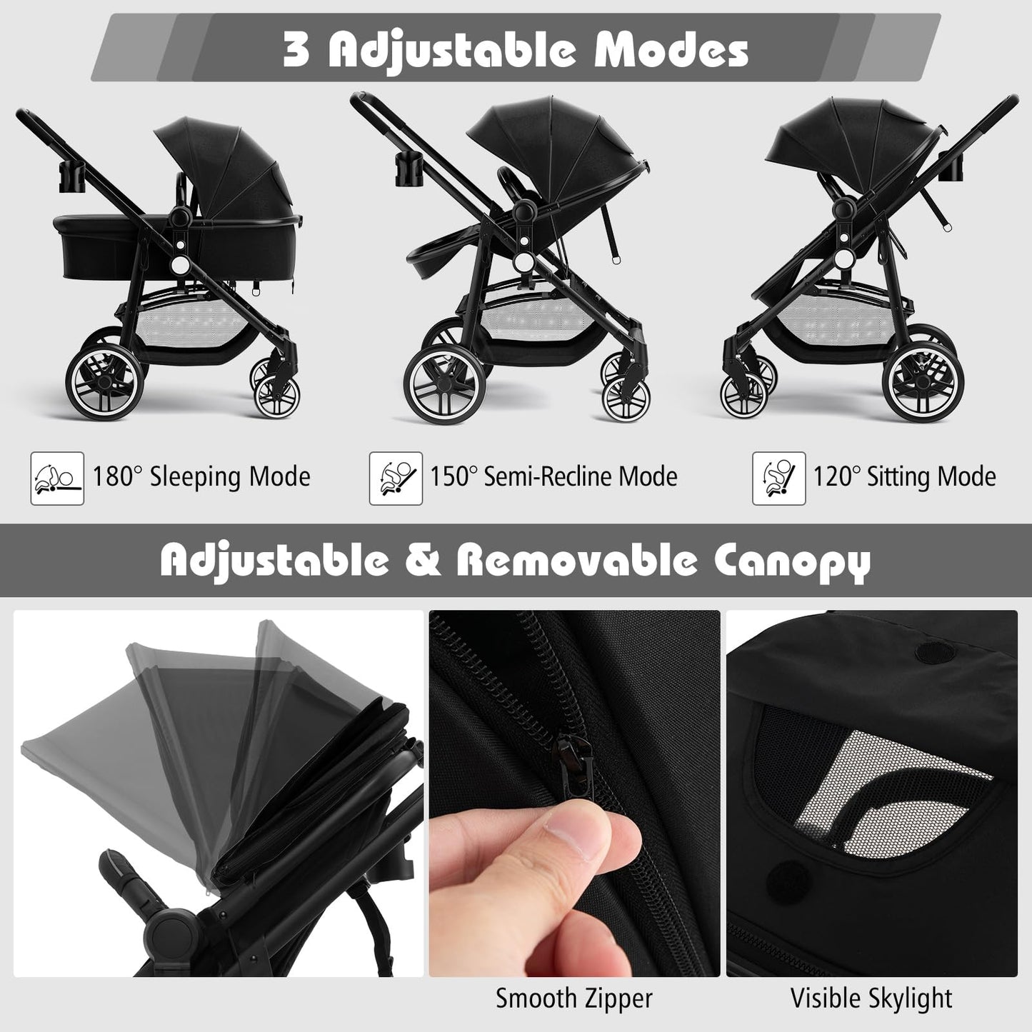 COSTWAY 2 in 1 Baby Pushchair, Foldable Travel System Pram with Reversible Seat, Adjustable Canopy, Storage Basket, Cup Holder, Lightweight Infant Stroller for 0-36 Months (Black)
