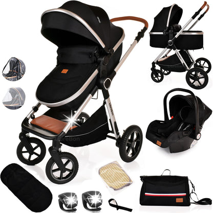 Baby Pram Pushchair Buggy Stroller 3 in 1 Child Lightweight Folding Stroller 3 in 1 Travel System Pram for Newborns Toddlers from Birth Aluminum (Black Silver)