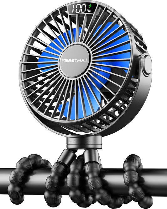 SWEETFULL Mini Stroller Fan – LED, 4000 mAh Battery, 4 Speeds, Portable