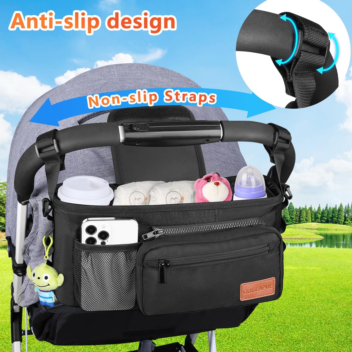 Guiseapue Universal Pram Organiser Bag with Cup Holder – Baby Stroller