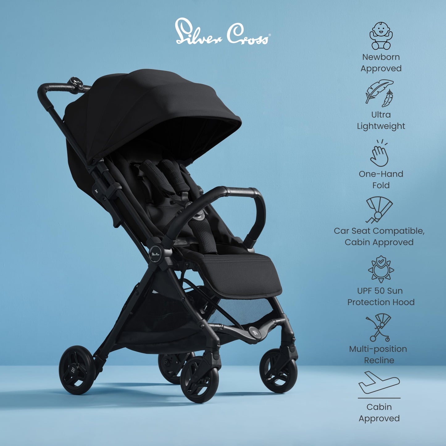 Silver Cross - Jet 5 Compact Pushchair - Travel Stroller - Foldable & Lightweight Stroller/Travel System - Cabin Size - Car Seat Compatible - Newborn to 4 years - Space