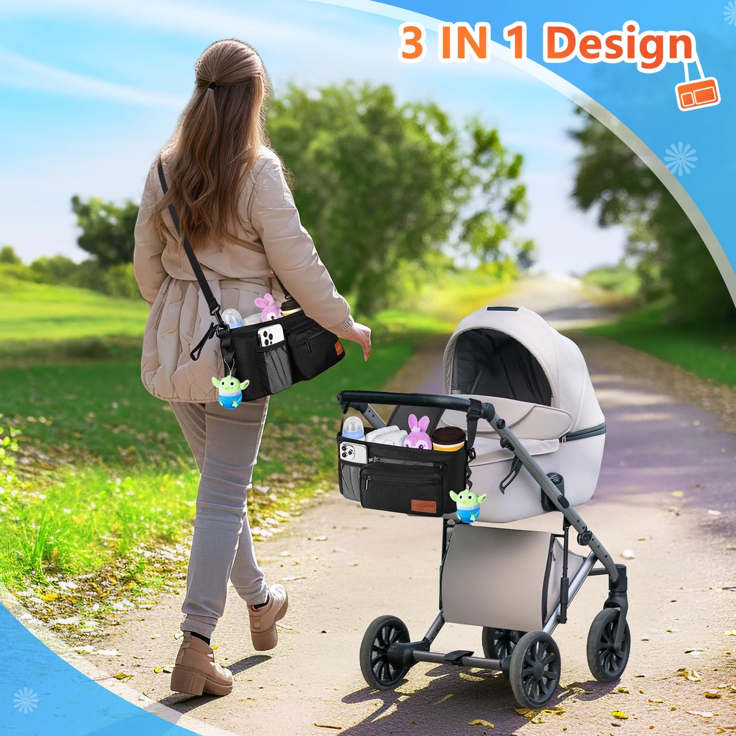 Guiseapue Universal Pram Organiser Bag with Cup Holder – Baby Stroller