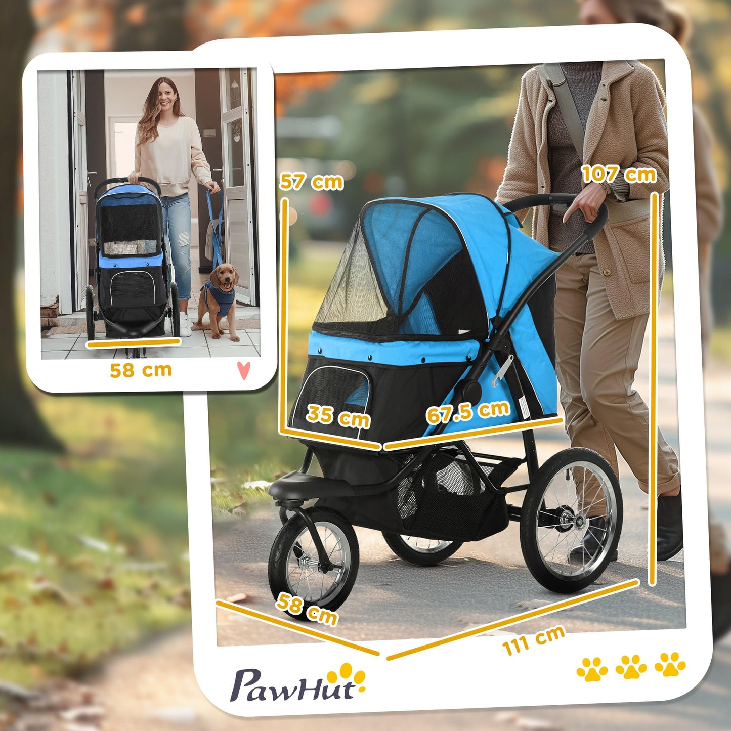 PawHut Dog Pram, Dog Stroller Jogger Foldable Pet Pushchair for Medium, Small Breeds, w/Rubber Wheels, Washable Cushion, Blue