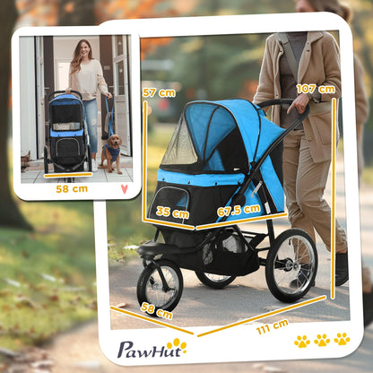 PawHut Dog Pram, Dog Stroller Jogger Foldable Pet Pushchair for Medium, Small Breeds, w/Rubber Wheels, Washable Cushion, Blue